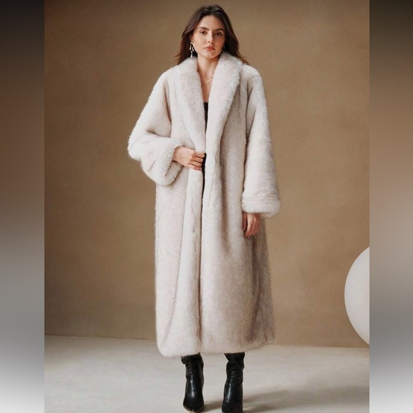 3 LEFT 🔥 Luxury Long Faux Fur Coat Winter Jacket Vintage Old Money Style cream - Picture 5 of 17